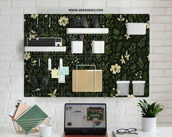 Botanical pegboard organizer with dark green floral pattern