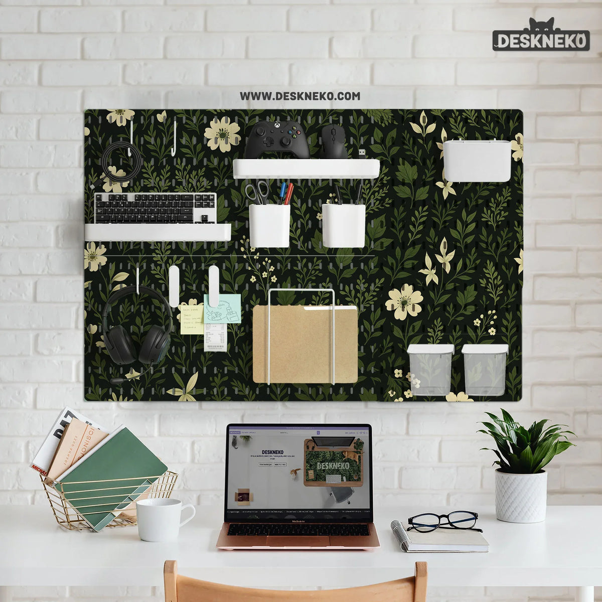 Botanical pegboard organizer with dark green floral pattern