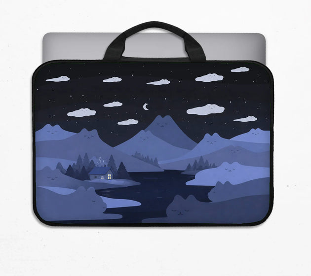 Whimisical blue cat mountains laptop sleeve & bag