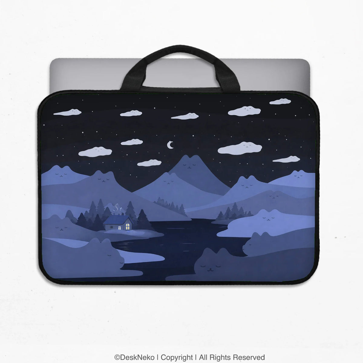 Whimisical blue cat mountains laptop sleeve & bag