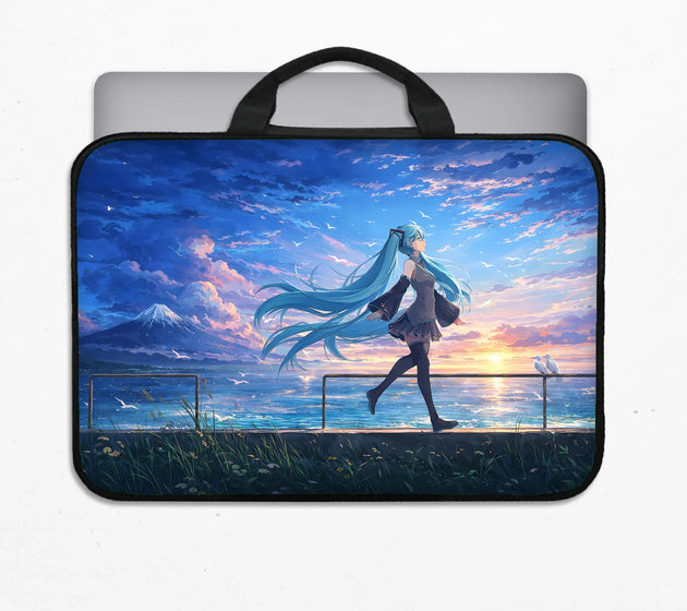 Blue anime laptop sleeve with handle