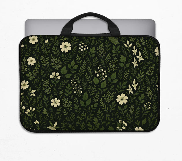 Botanical laptop sleeve & bag with dark green floral pattern