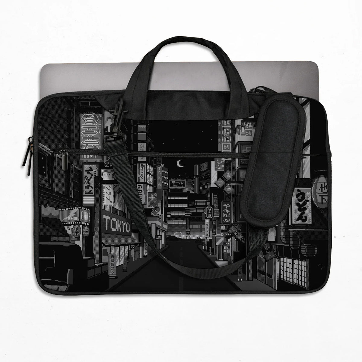 Tokyo night pixel laptop sleeve & bag – monochrome cyberpunk case