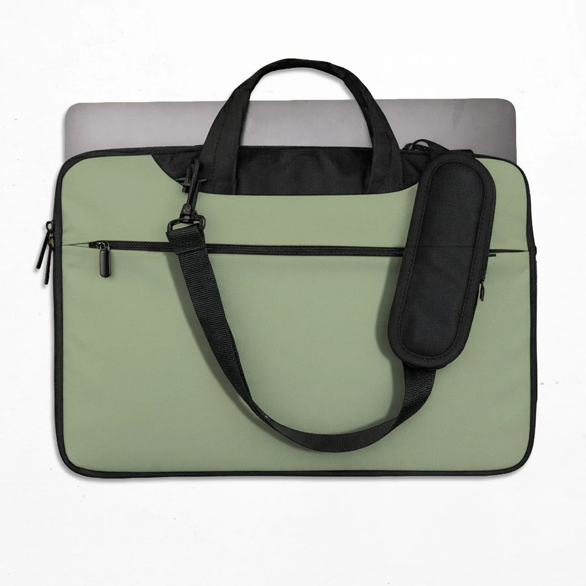 Sage green laptop bag with shoulder strap & handle