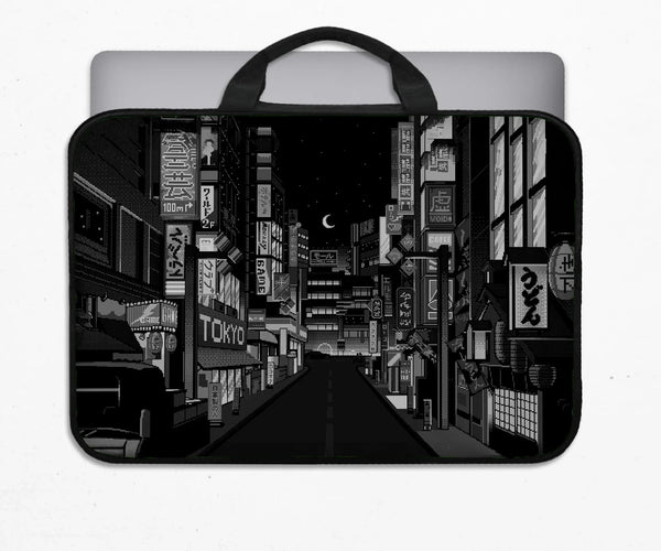 Tokyo Night Pixel Laptop Sleeve & Bag – Monochrome Cyberpunk Case - Deskneko