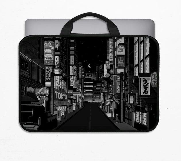 Tokyo night pixel laptop sleeve & bag – monochrome cyberpunk case