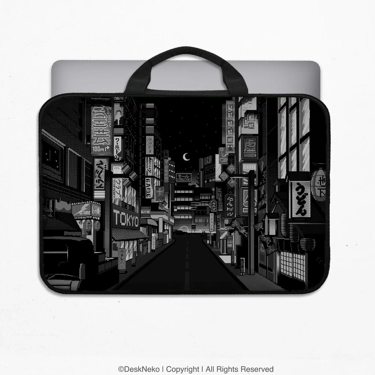 Tokyo night pixel laptop sleeve & bag – monochrome cyberpunk case