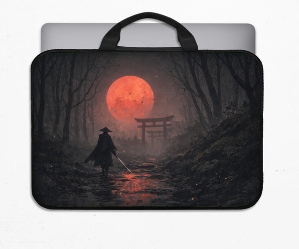 Samurai Red Moon Laptop Sleeve & Bag with Handle and Shoulder Strap - Deskneko
