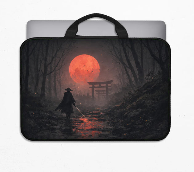 Samurai red moon laptop sleeve & bag with handle and shoulder strap