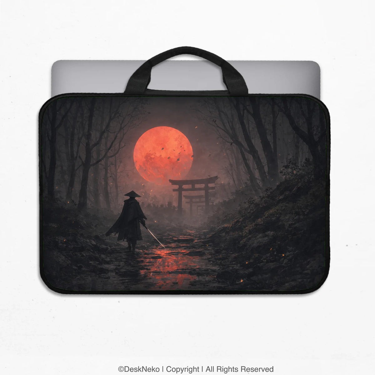 Samurai red moon laptop sleeve & bag with handle and shoulder strap