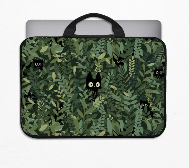 Botanical cat laptop sleeve & bag, forest green aesthetic case