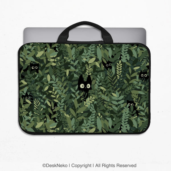 Botanical Cat Laptop Sleeve & Bag, Forest Green Aesthetic Case - Deskneko