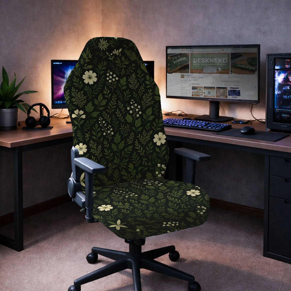 Botanical office chair cover with dark green floral pattern