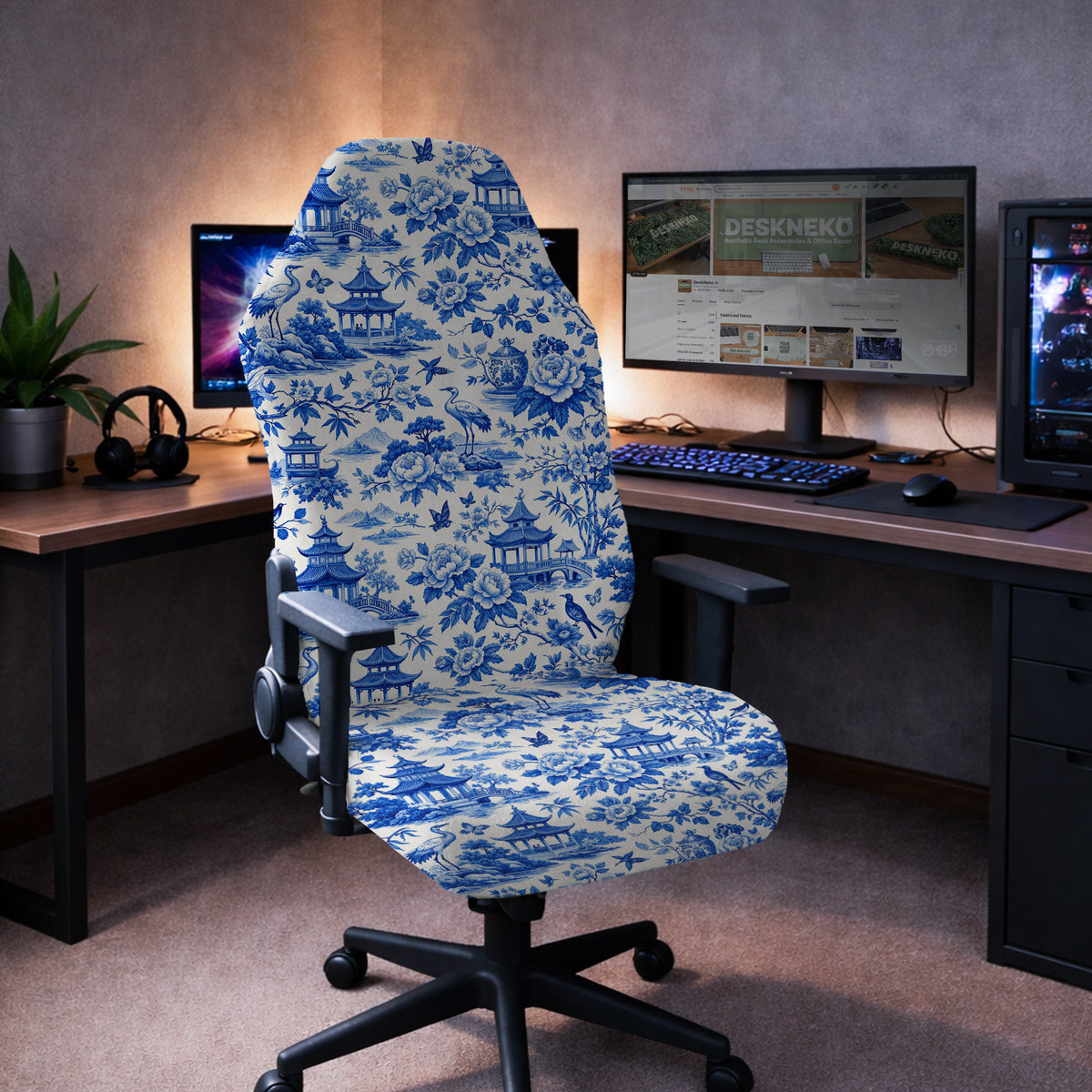 Blue chinoiserie desk chair cover