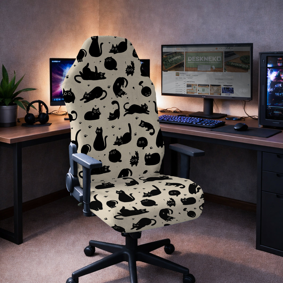 Black cat desk chair cover