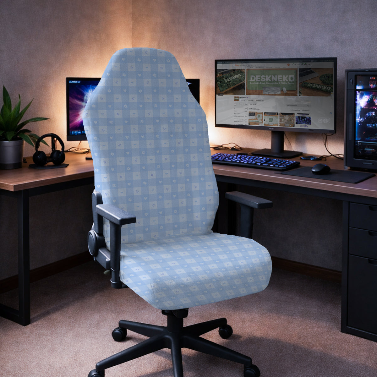 Blue gingham desk chair cover