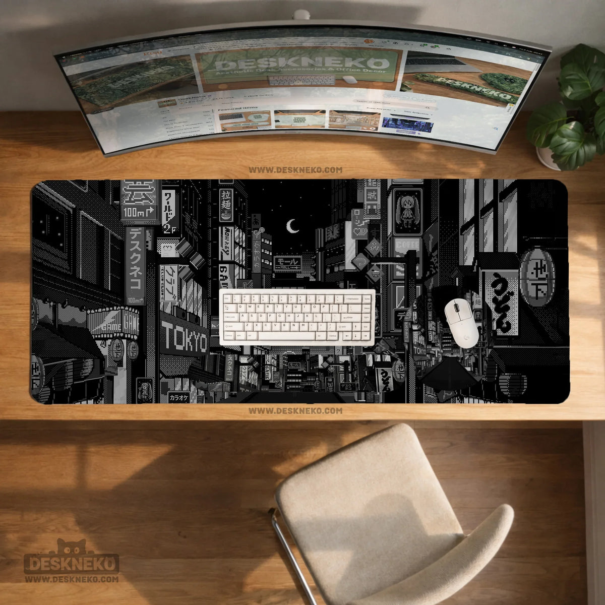 Black white tokyo desk mat