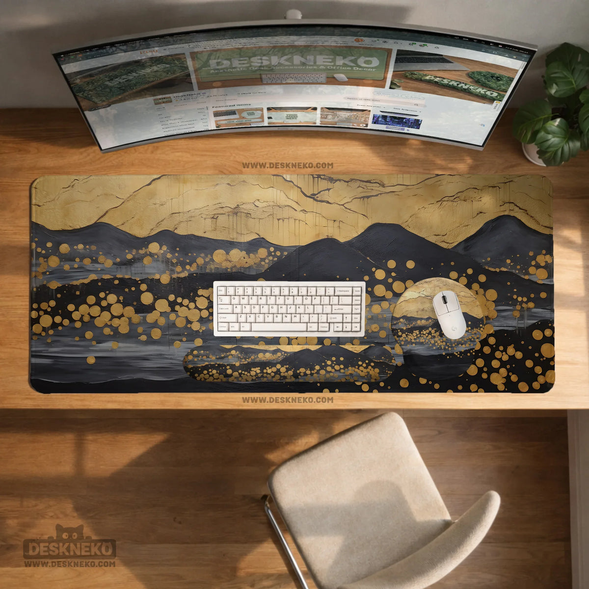 Black gold abstract mountain desk mat & mousepad