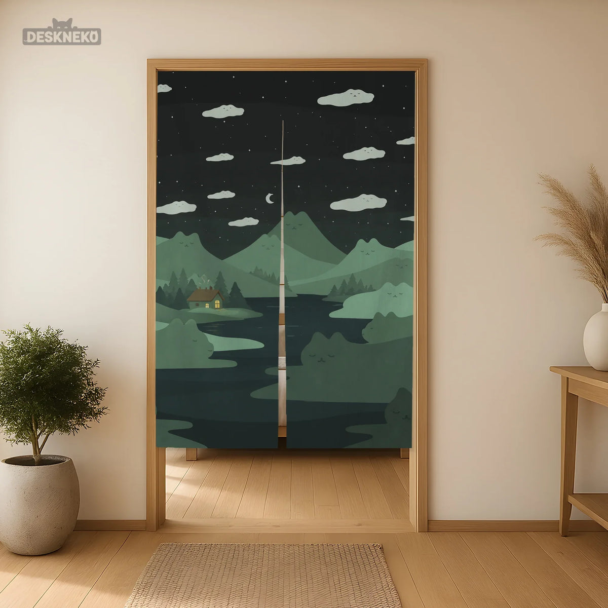 Forest green cat hills noren door curtain