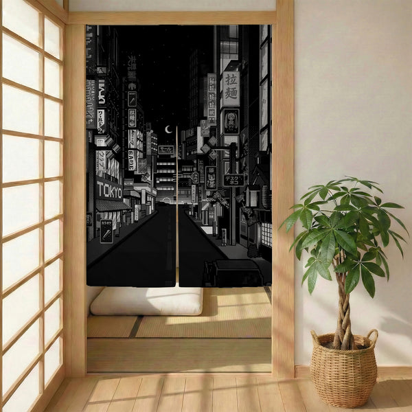 Black Tokyo Street Noren Curtain - Noren Door Curtain - Deskneko - Noren Door Curtains