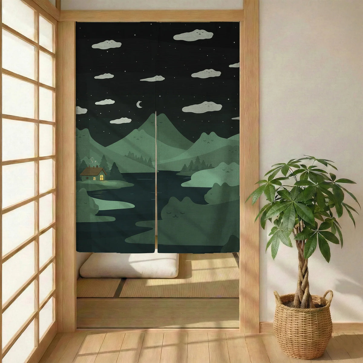 Forest green cat hills noren door curtain