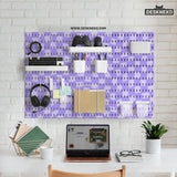 Pegboard wall organizer printed with a lavender wavy checkerboard pattern, holding a keyboard, game controller, headphones, pen cups and a folder on white shelves and hooks