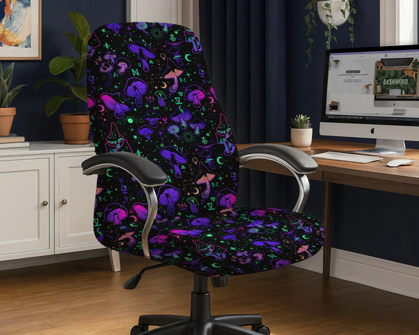 Office chair fitted with a stretch cover in a black print with glowing neon purple, pink and green mushrooms, moons, stars and mystic symbols, shown in a home office