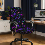 Office chair fitted with a stretch cover in a black print with glowing neon purple, pink and green mushrooms, moons, stars and mystic symbols, shown in a home office