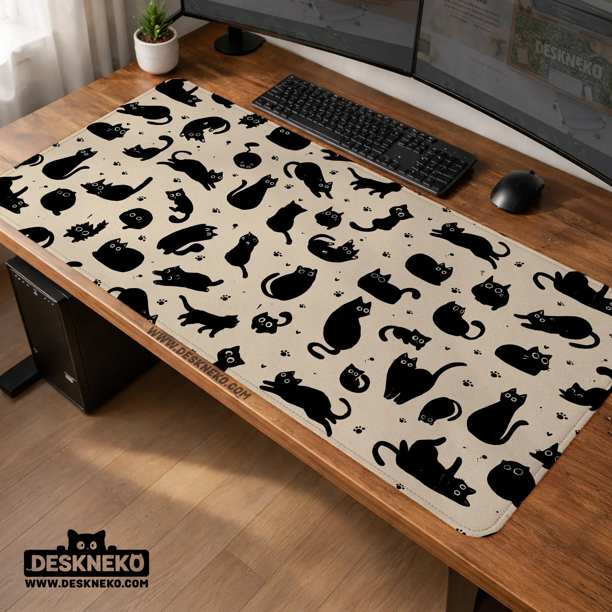 Black cat desk mat, cute XL mousepad for cozy office and gaming setup