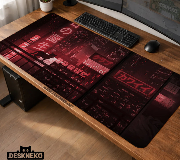 Red cyberpunk tokyo cat desk mat