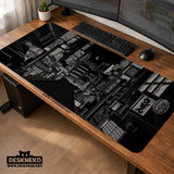 Black white tokyo night desk mat, cyberpunk japanese street mousepad