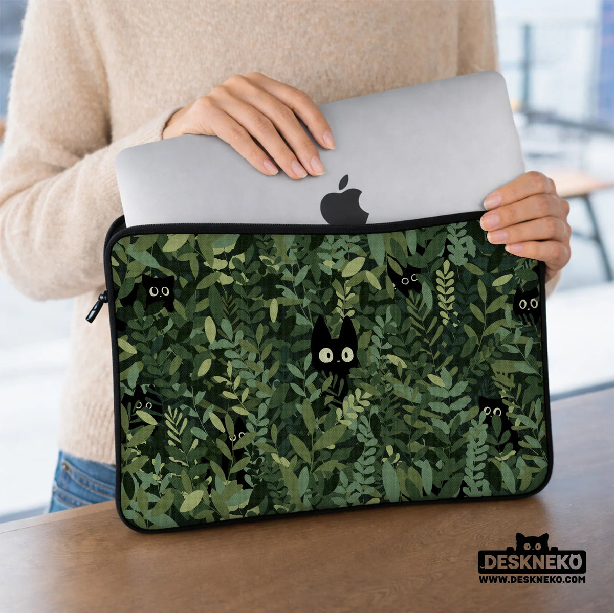 Botanical cat laptop sleeve & bag, forest green aesthetic case