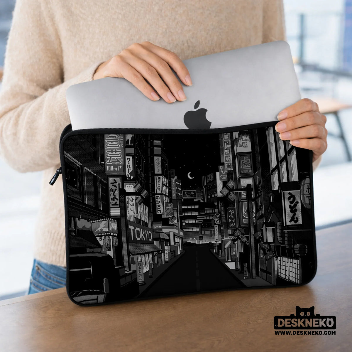 Tokyo night pixel laptop sleeve & bag – monochrome cyberpunk case