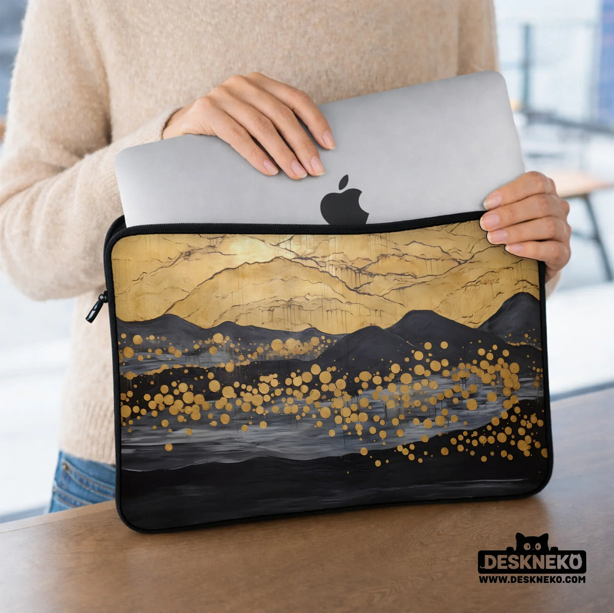 Gold japandi laptop bag with shoulder strap