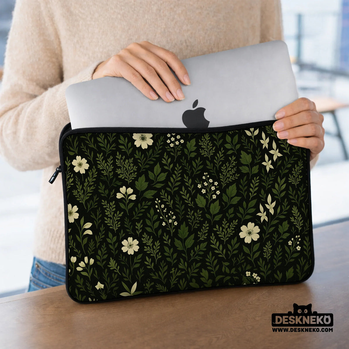 Dark green botanical laptop sleeve