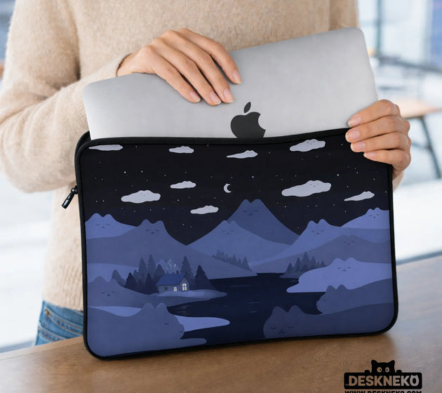 Whimisical blue cat mountains laptop sleeve & bag