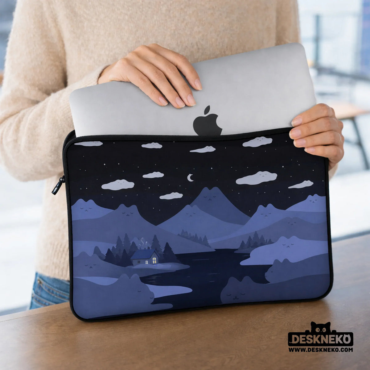Whimisical blue cat mountains laptop sleeve & bag