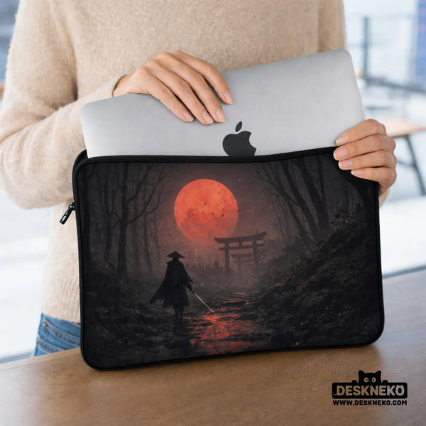 Samurai Red Moon Laptop Sleeve & Bag with Handle and Shoulder Strap - Deskneko