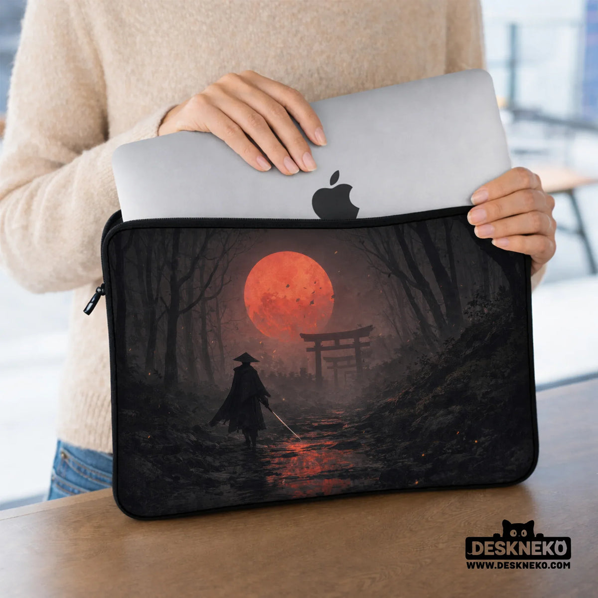 Samurai red moon laptop sleeve & bag with handle and shoulder strap