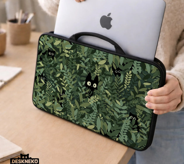 Botanical cat laptop sleeve & bag, forest green aesthetic case