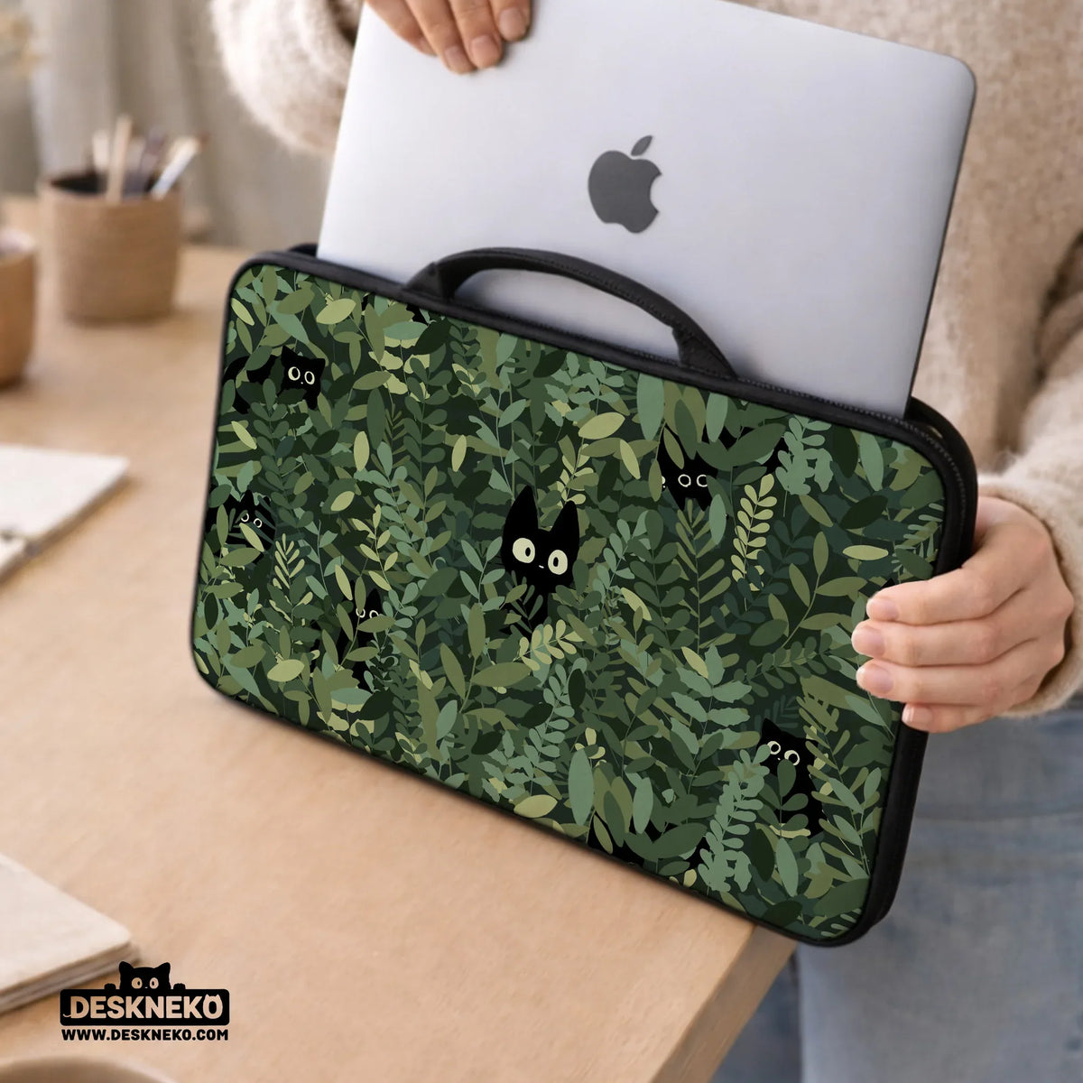 Botanical cat laptop sleeve & bag, forest green aesthetic case