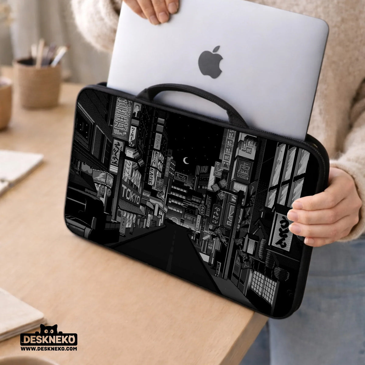 Tokyo Night Pixel Laptop Sleeve & Bag – Monochrome Cyberpunk Case - Deskneko