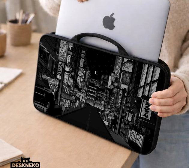 Tokyo night pixel laptop sleeve & bag – monochrome cyberpunk case