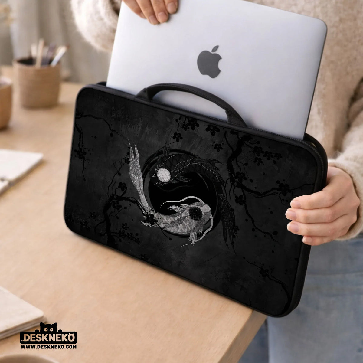 Dark koi yin yang laptop sleeve & bag, japanese ink case