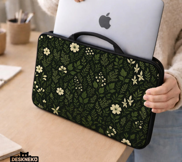 Botanical laptop sleeve & bag with dark green floral pattern