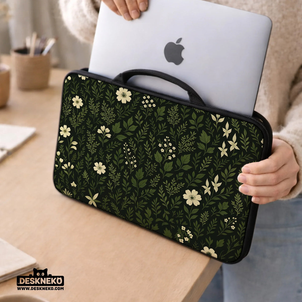 Botanical laptop sleeve & bag with dark green floral pattern