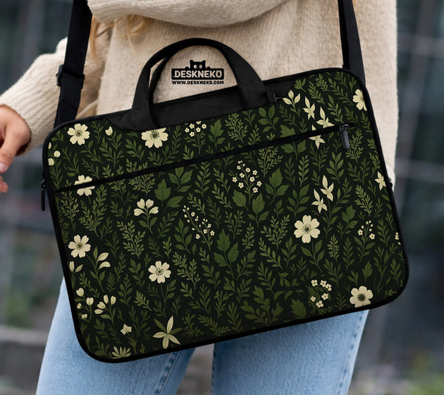 Botanical laptop sleeve & bag with dark green floral pattern