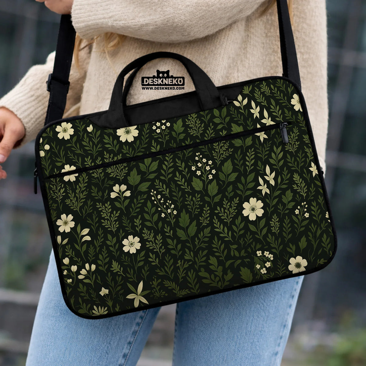 Botanical laptop sleeve & bag with dark green floral pattern