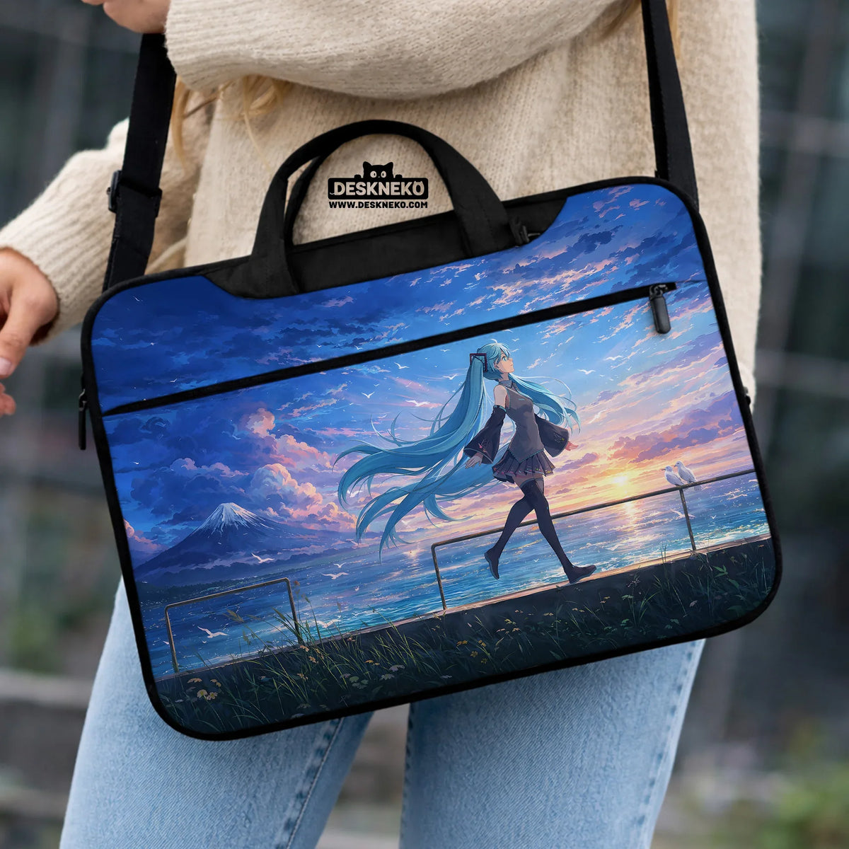 Blue anime laptop sleeve with handle