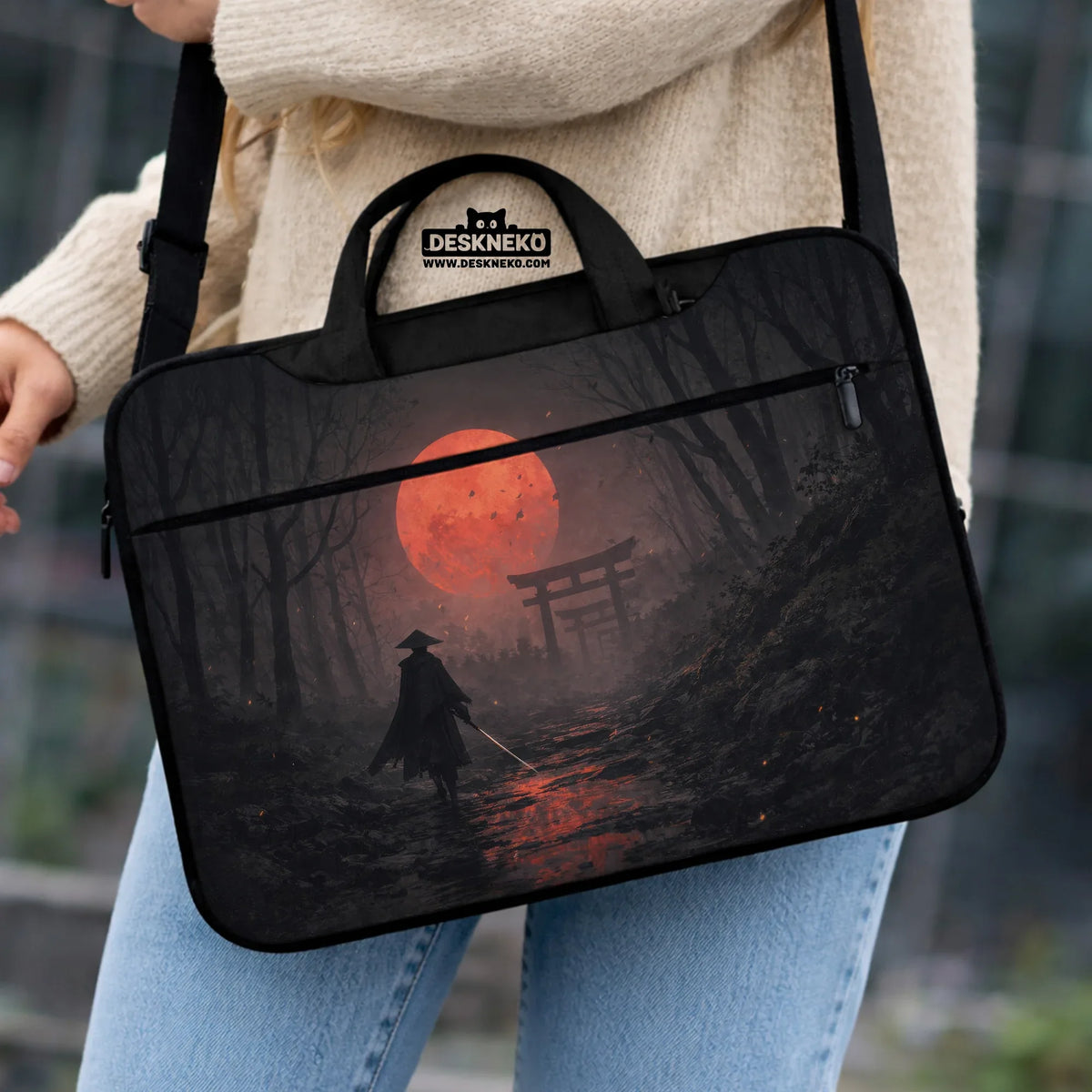 Samurai red moon laptop sleeve & bag with handle and shoulder strap